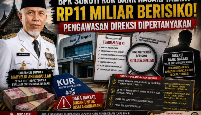 BPK Soroti KUR Bank Nagari Talawi Rp11 Miliar, Publik Desak Gubernur Mahyeldi Evaluasi Direksi; Dugaan Pelanggaran Berpotensi Berujung Proses Hukum