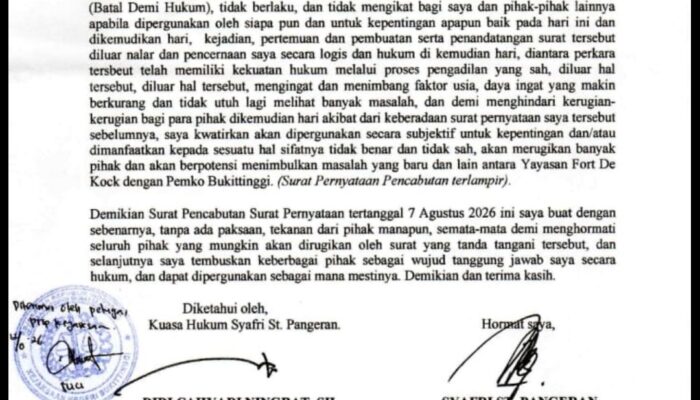 Syafri Cabut Pernyataan, Kuasa Hukum Yayasan Fort De Kock: Putusan Pengadilan Bukan untuk Diubah dengan Surat